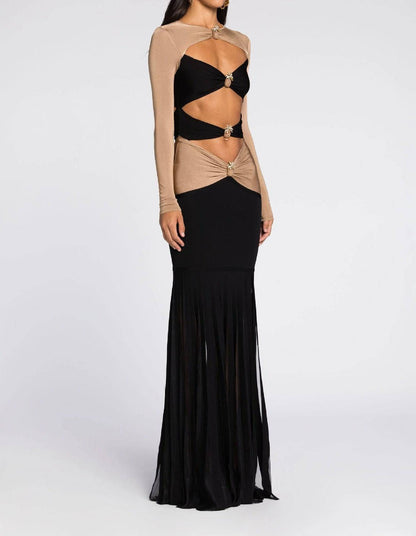 Elegantes Bandage-Maxikleid mit Diamanten – Bodenlang & Quadratkragen