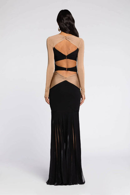 Elegantes Bandage-Maxikleid mit Diamanten – Bodenlang & Quadratkragen