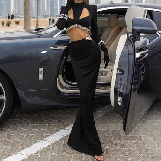 Produktbild von Elegantes Bandage-Maxikleid mit Diamanten – Bodenlang & Quadratkragen in S, erhältlich bei Hot Fashionista